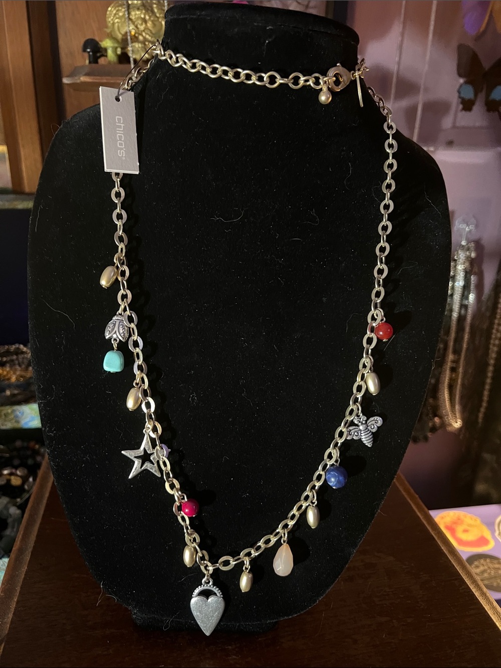 Chico's Gold-Tone Charm Necklace with Multicolor Beads NWT